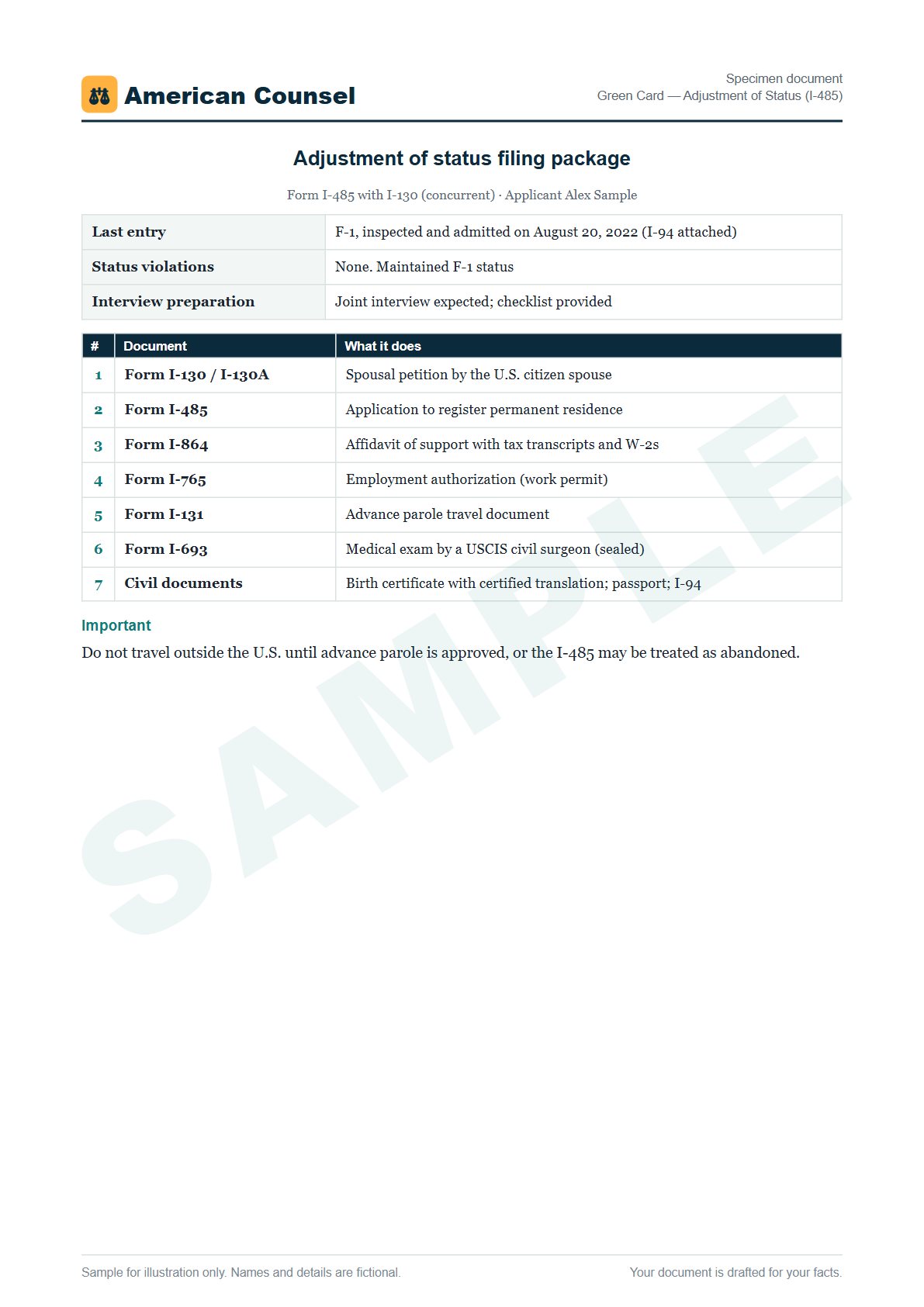 Sample Green Card — Adjustment of Status (I-485) prepared by our lawyers, with fictional names