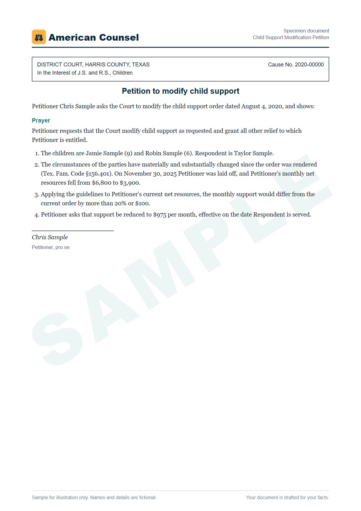 Sample Child Support Modification Petition prepared by our lawyers, with fictional names