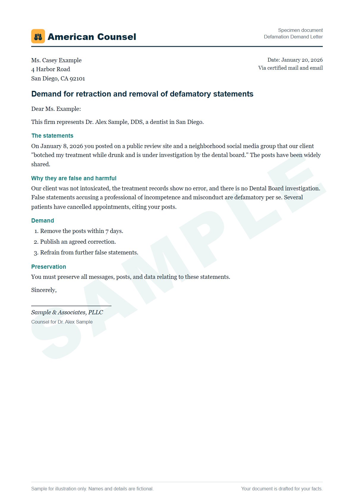 Sample Defamation Demand Letter prepared by our lawyers, with fictional names