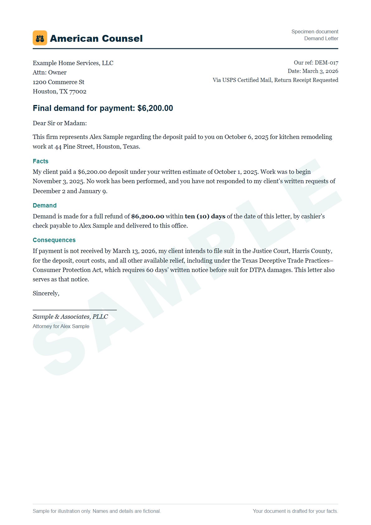 Sample Demand Letter prepared by our lawyers, with fictional names