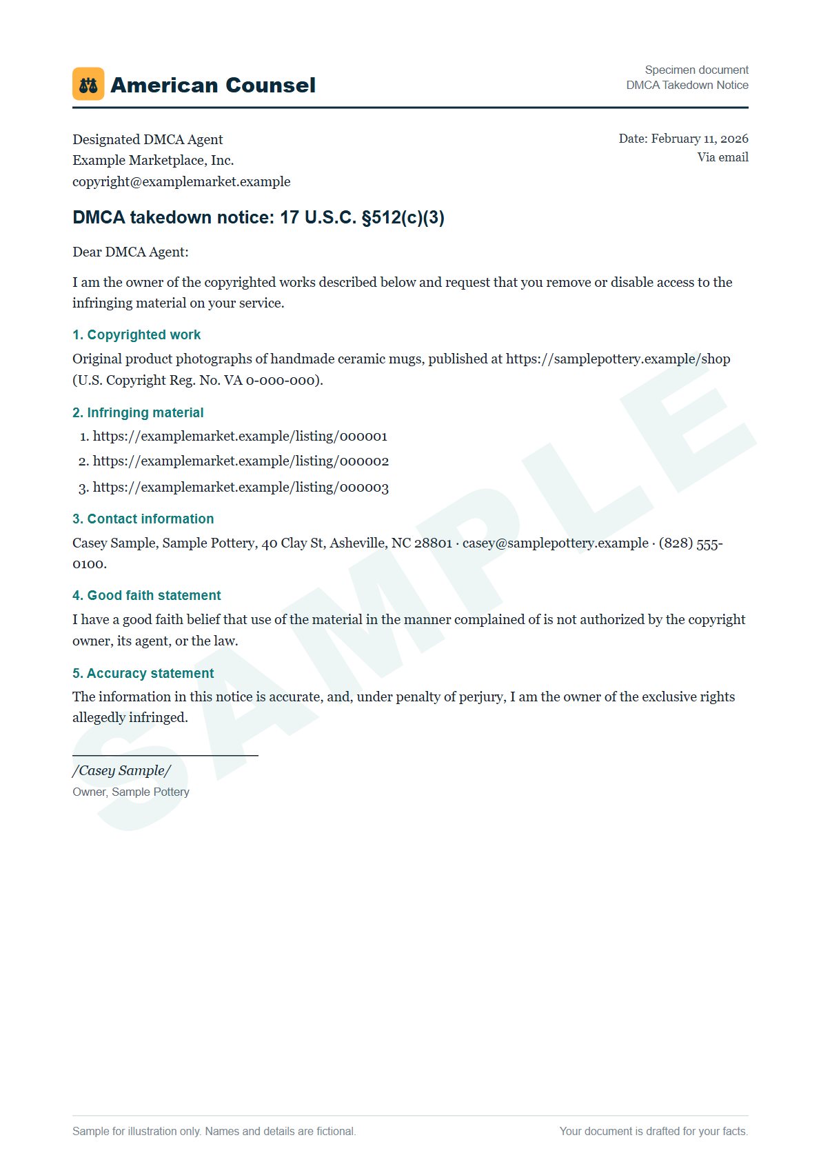 Sample DMCA Takedown Notice prepared by our lawyers, with fictional names