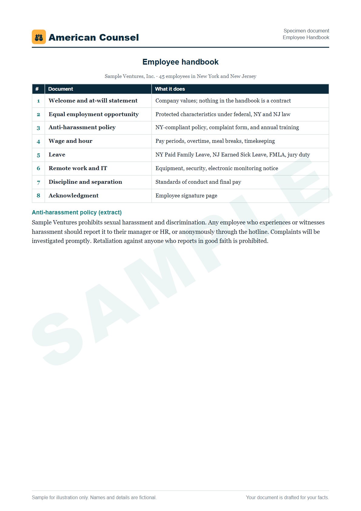 Sample Employee Handbook prepared by our lawyers, with fictional names