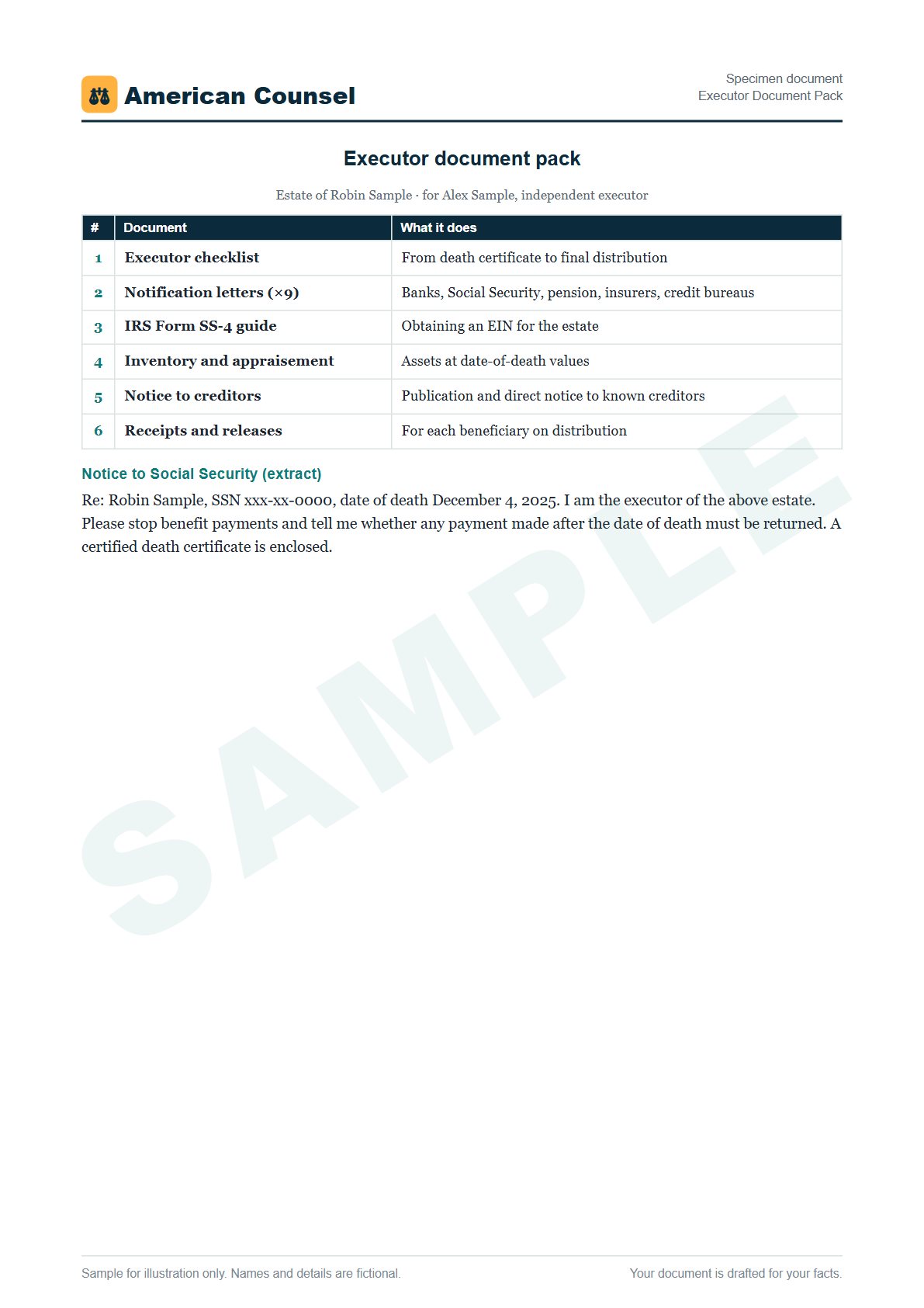 Sample Executor Document Pack prepared by our lawyers, with fictional names