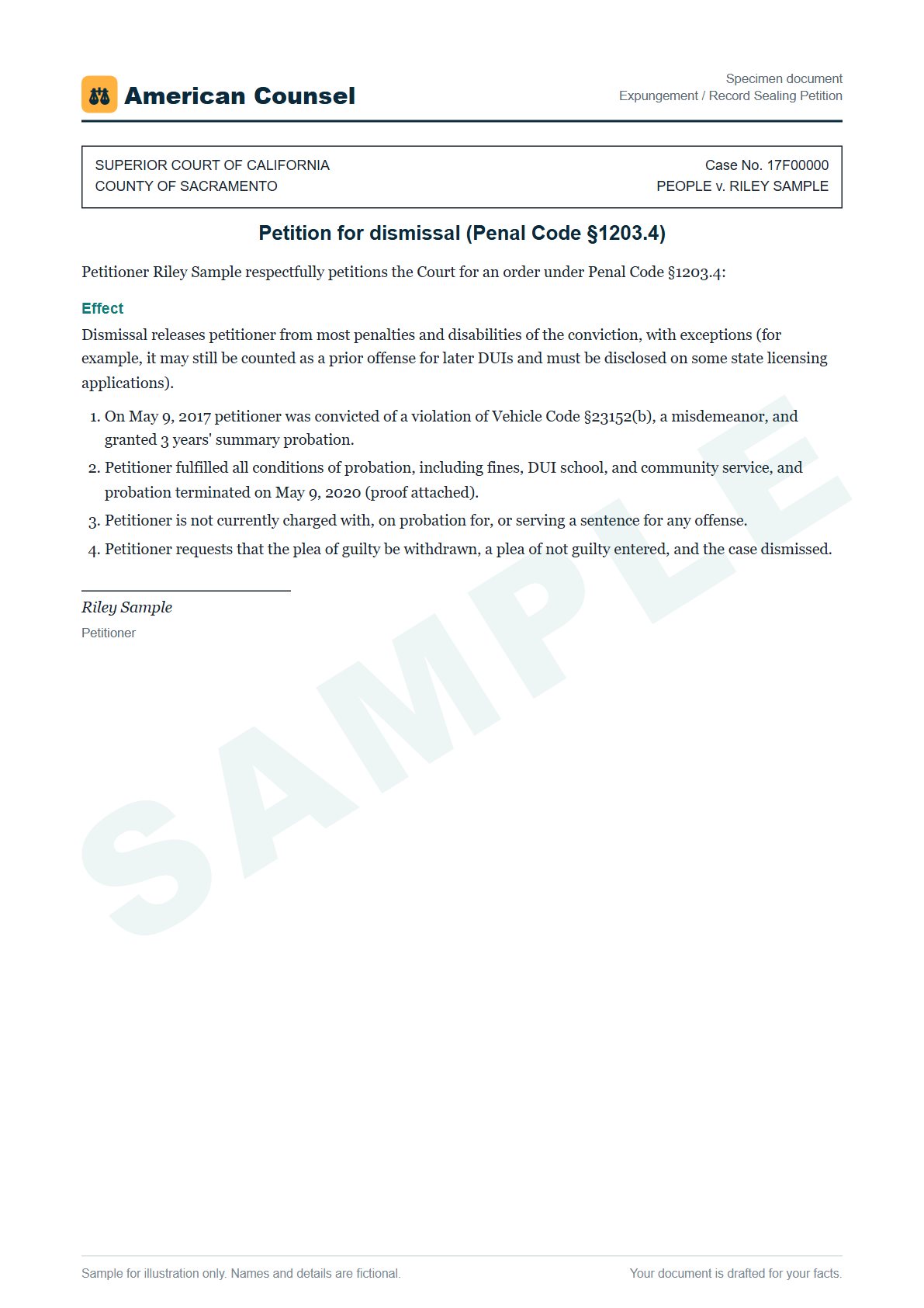 Sample Expungement / Record Sealing Petition prepared by our lawyers, with fictional names