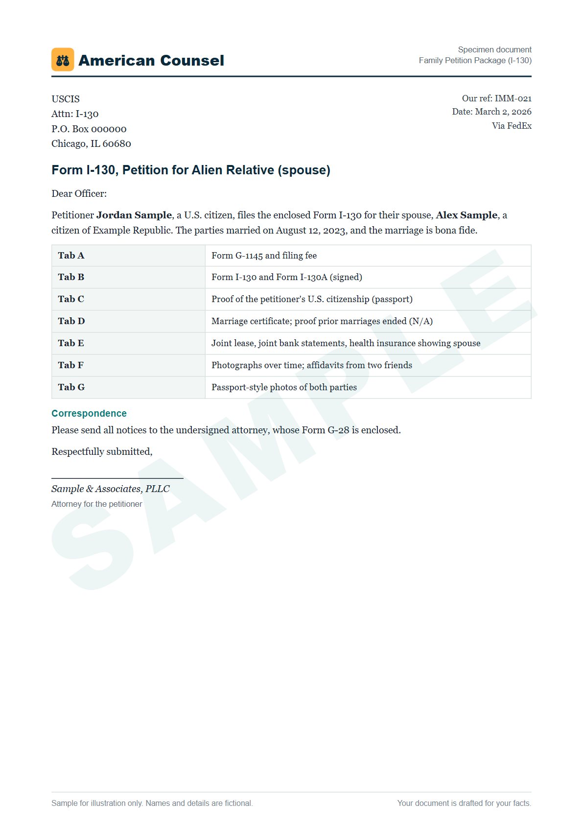 Sample Family Petition Package (I-130) prepared by our lawyers, with fictional names