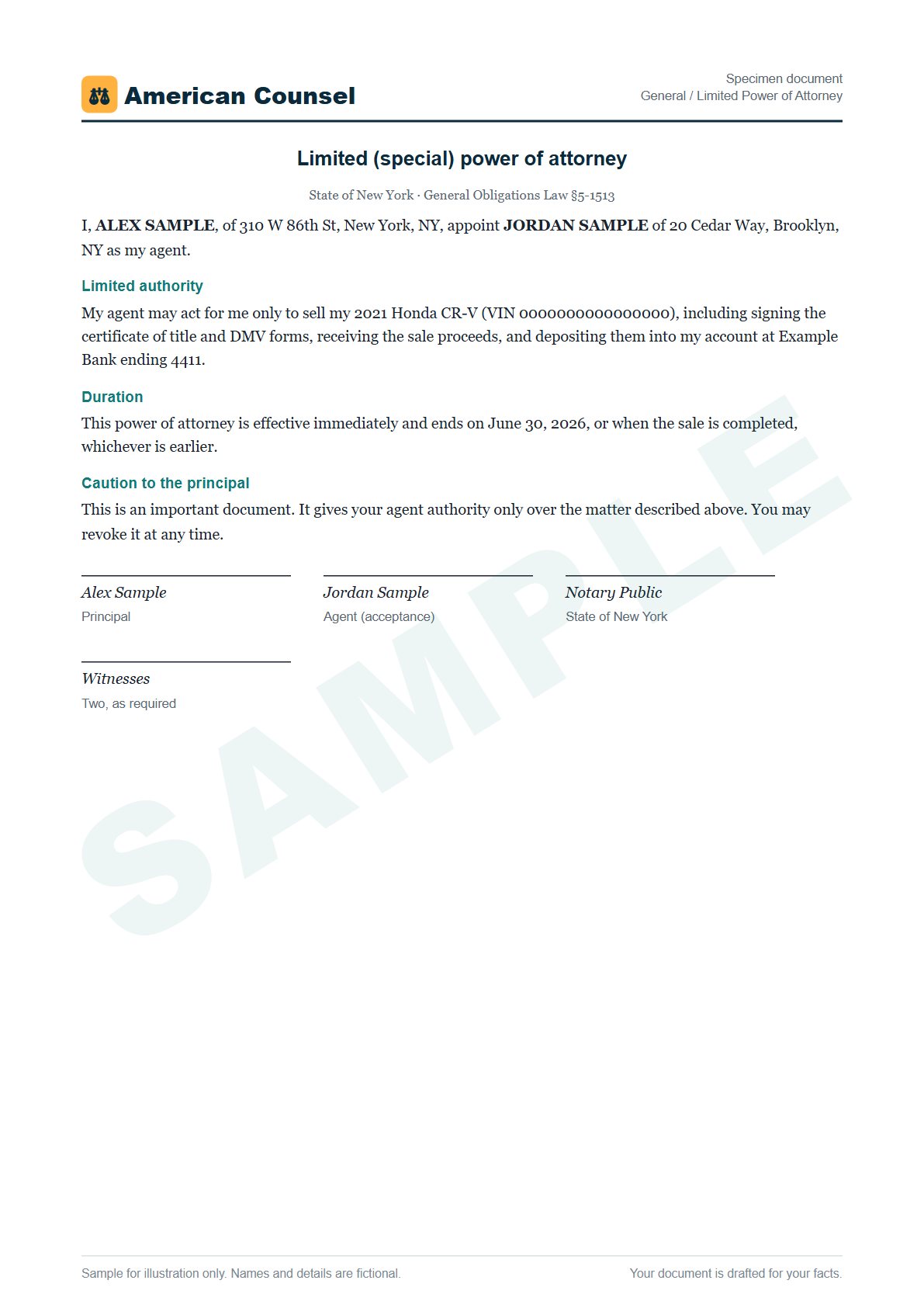 Sample General / Limited Power of Attorney prepared by our lawyers, with fictional names