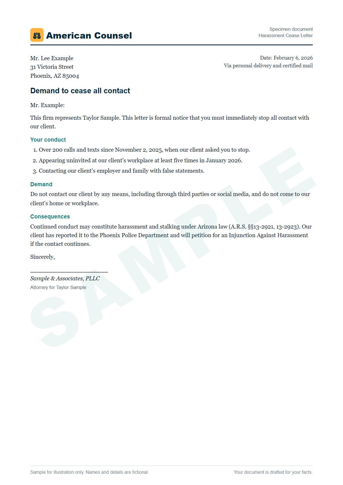 Sample Harassment Cease Letter prepared by our lawyers, with fictional names