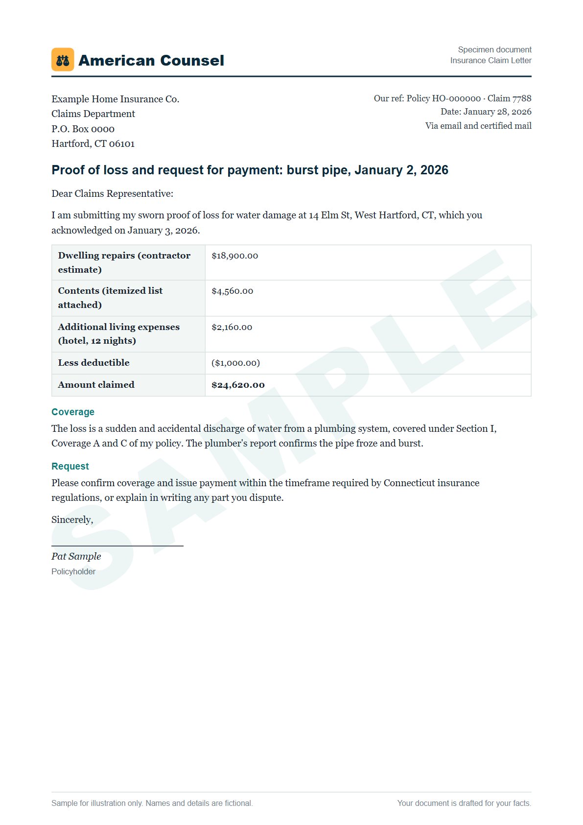 Sample Insurance Claim Letter prepared by our lawyers, with fictional names