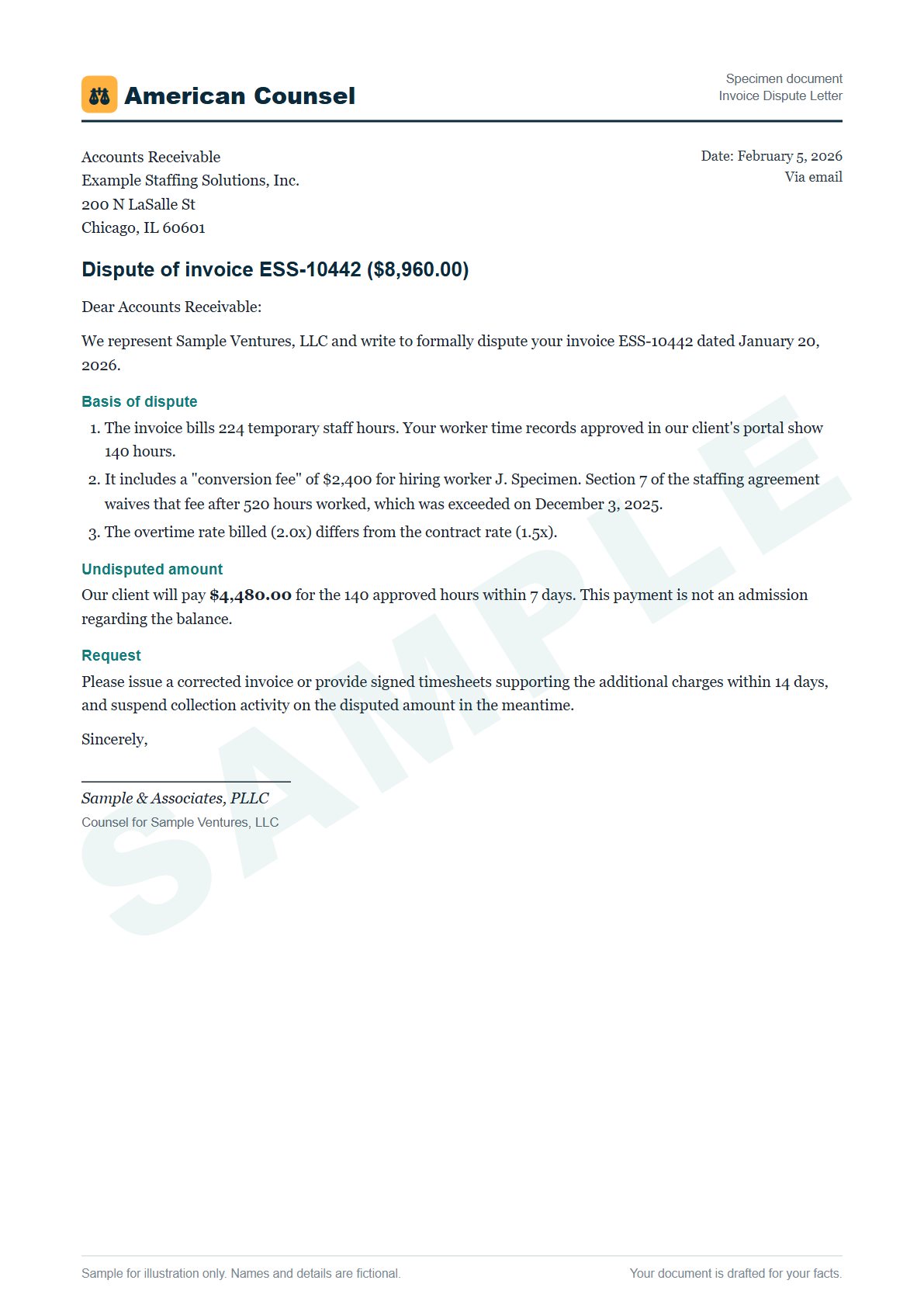 Sample Invoice Dispute Letter prepared by our lawyers, with fictional names