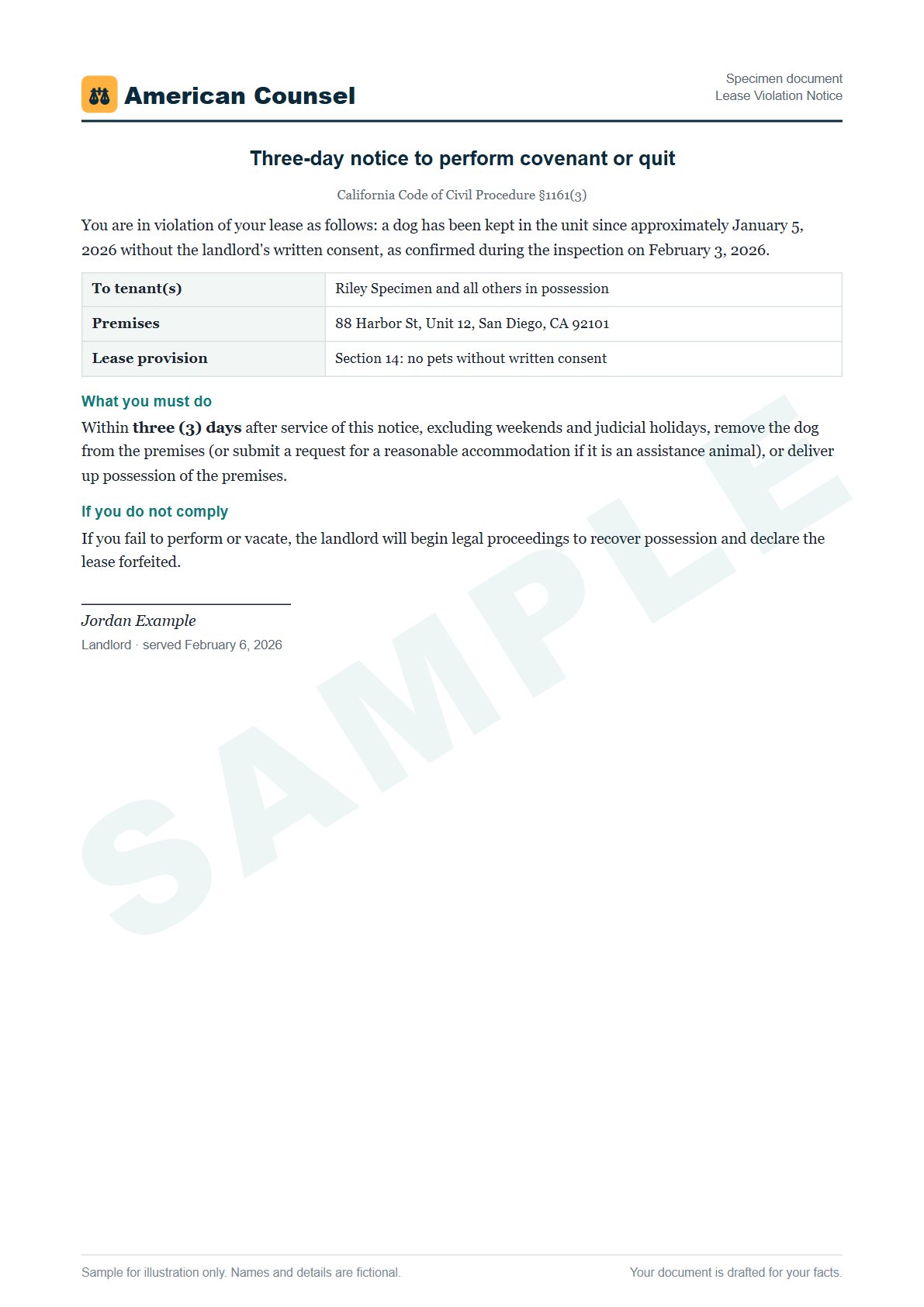 Sample Lease Violation Notice prepared by our lawyers, with fictional names