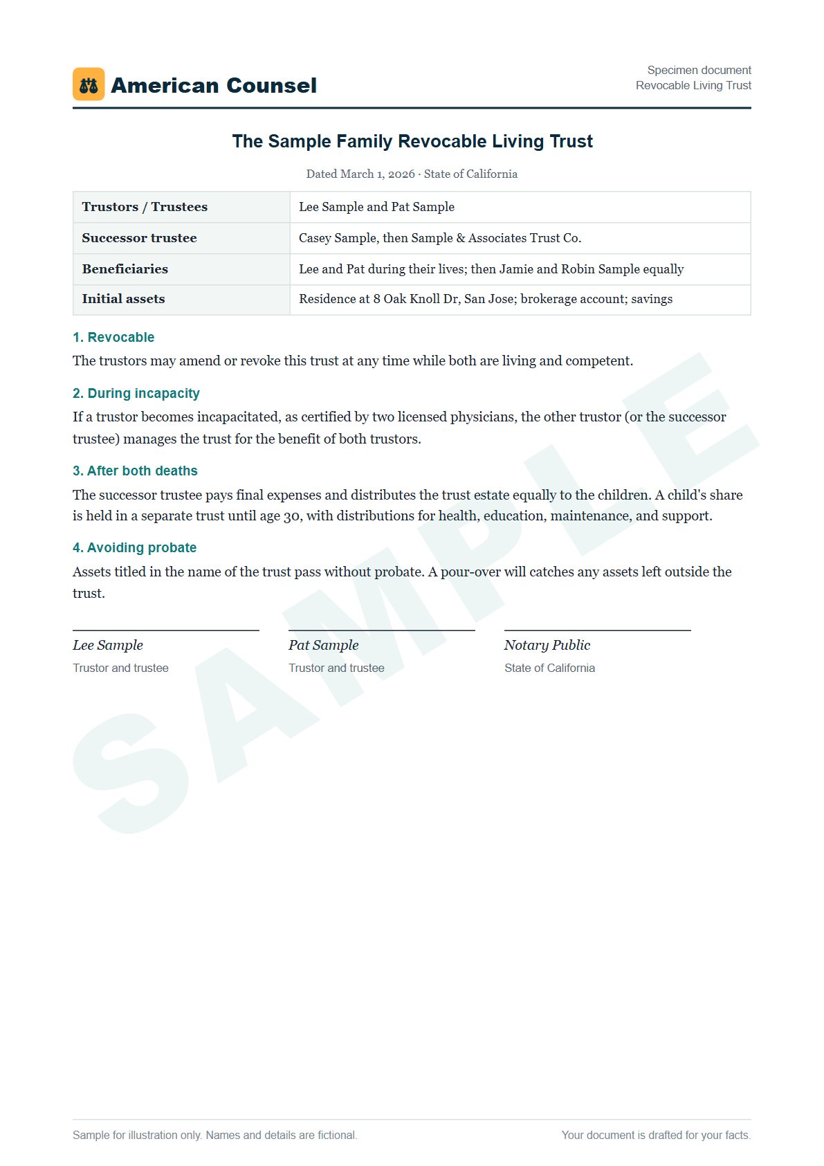 Sample Revocable Living Trust prepared by our lawyers, with fictional names