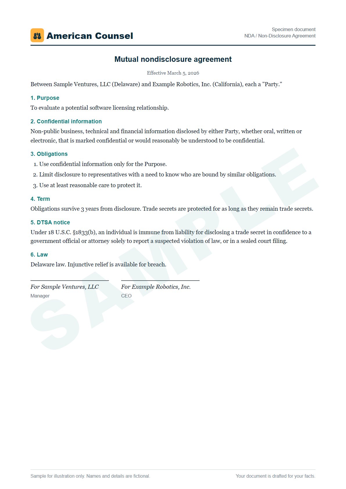 Sample NDA / Non-Disclosure Agreement prepared by our lawyers, with fictional names