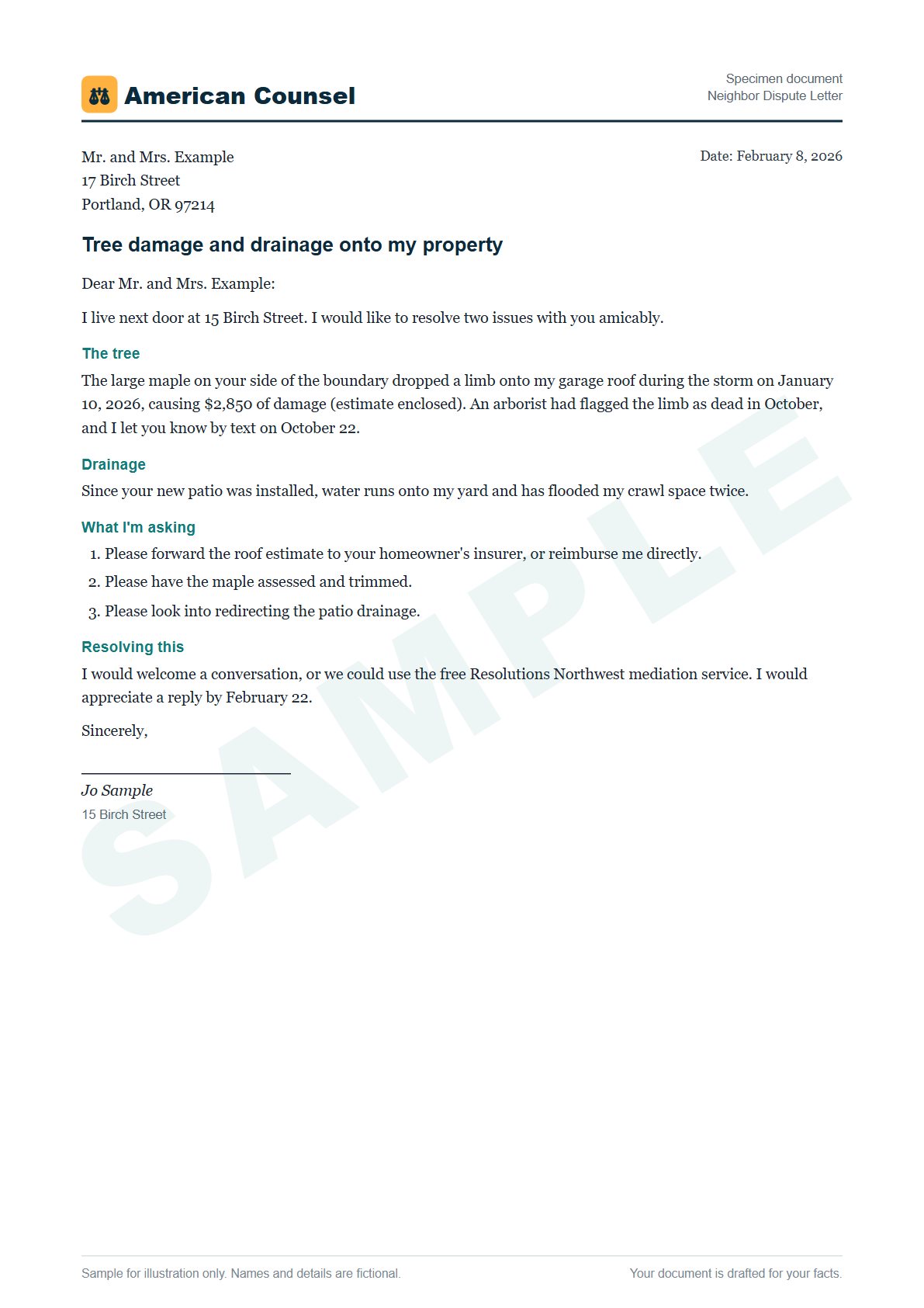 Sample Neighbor Dispute Letter prepared by our lawyers, with fictional names