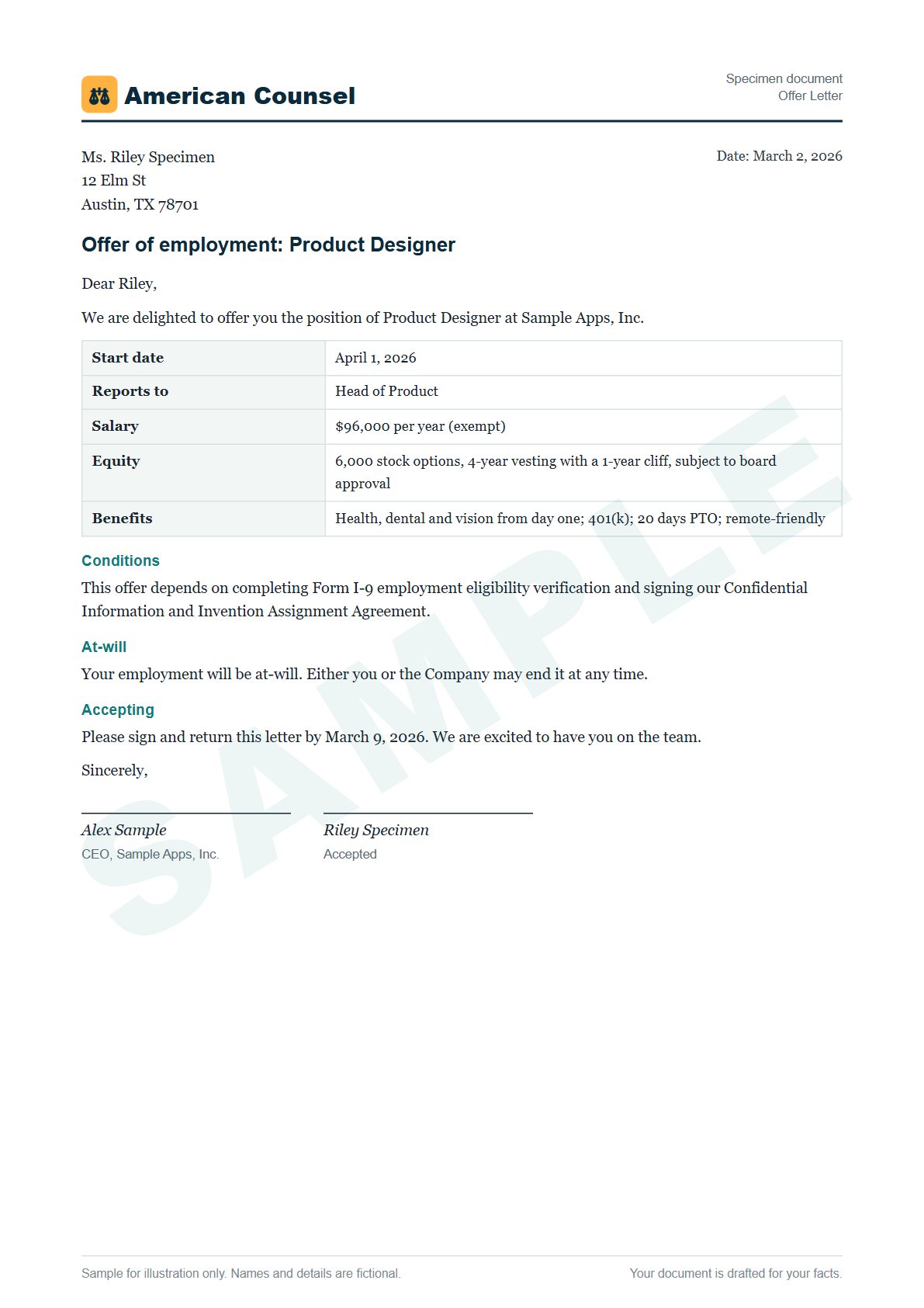 Sample Offer Letter prepared by our lawyers, with fictional names