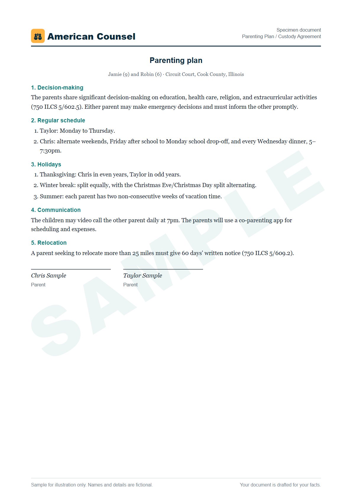 Sample Parenting Plan / Custody Agreement prepared by our lawyers, with fictional names