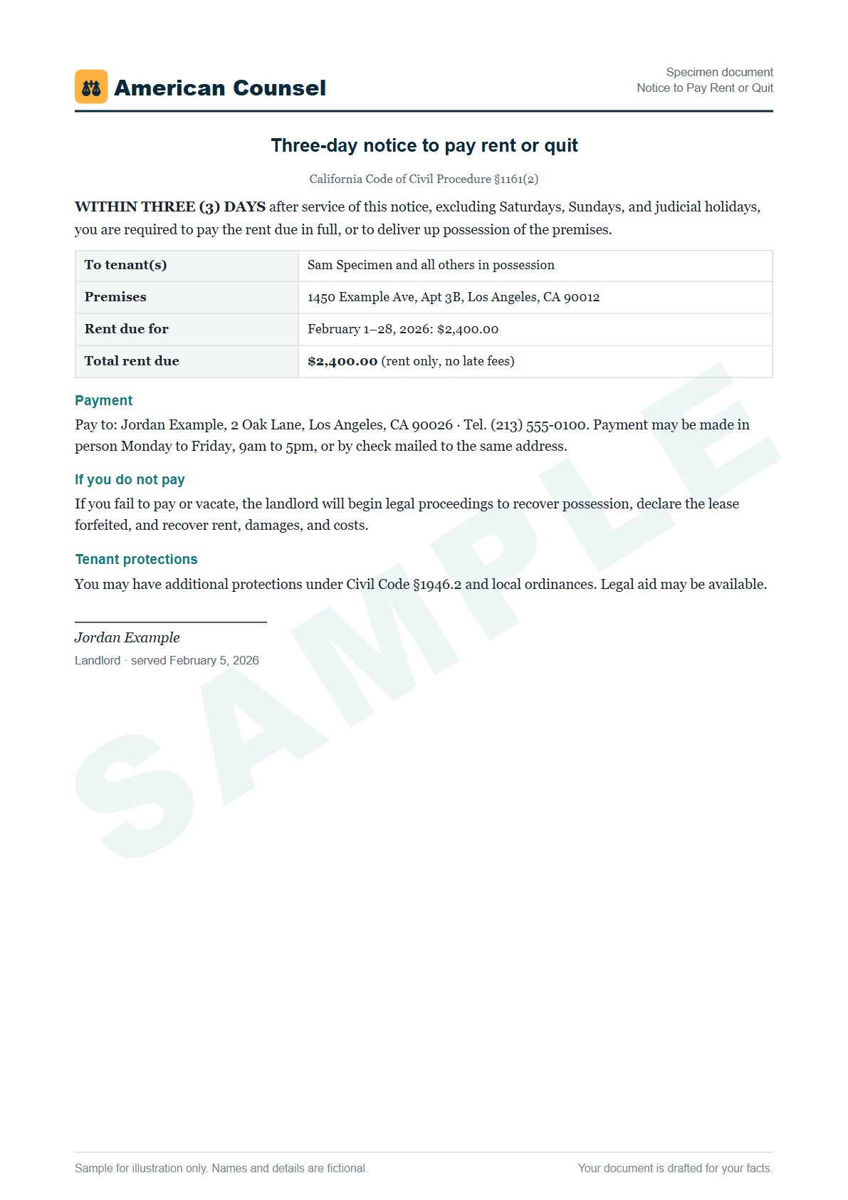 Sample Notice to Pay Rent or Quit prepared by our lawyers, with fictional names