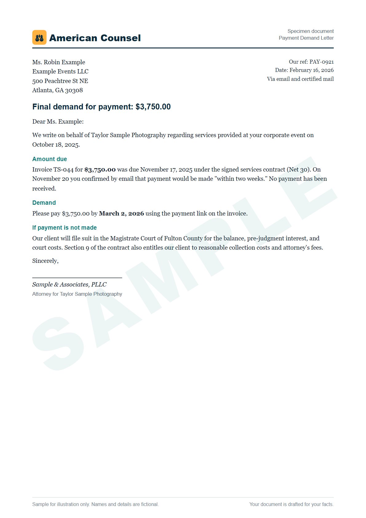Sample Payment Demand Letter prepared by our lawyers, with fictional names