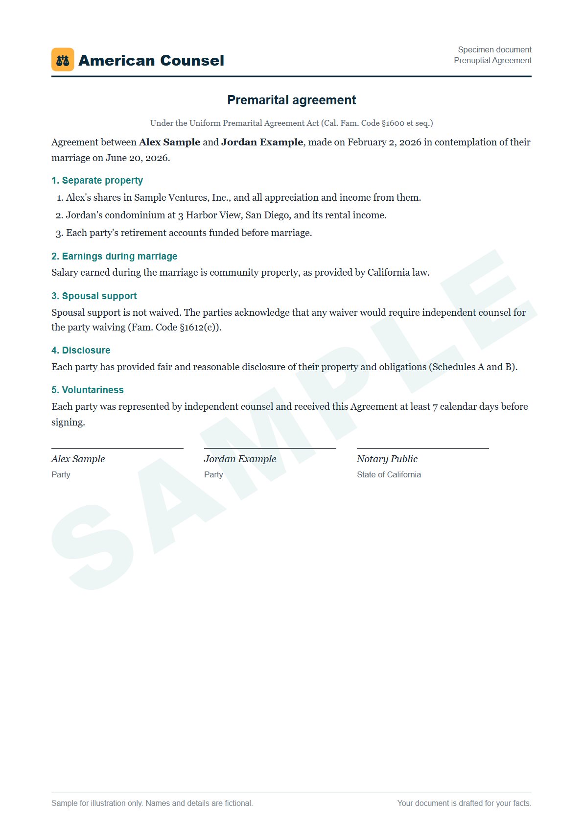 Sample Prenuptial Agreement prepared by our lawyers, with fictional names
