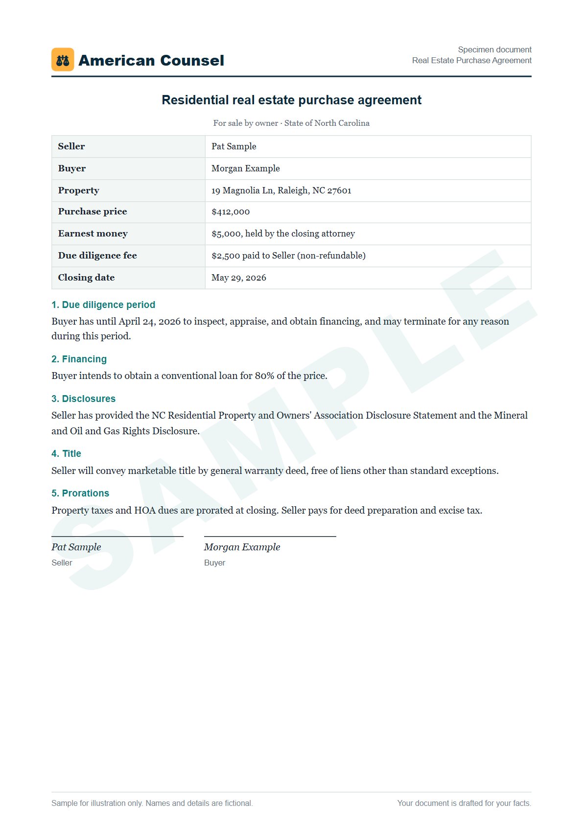Sample Real Estate Purchase Agreement prepared by our lawyers, with fictional names