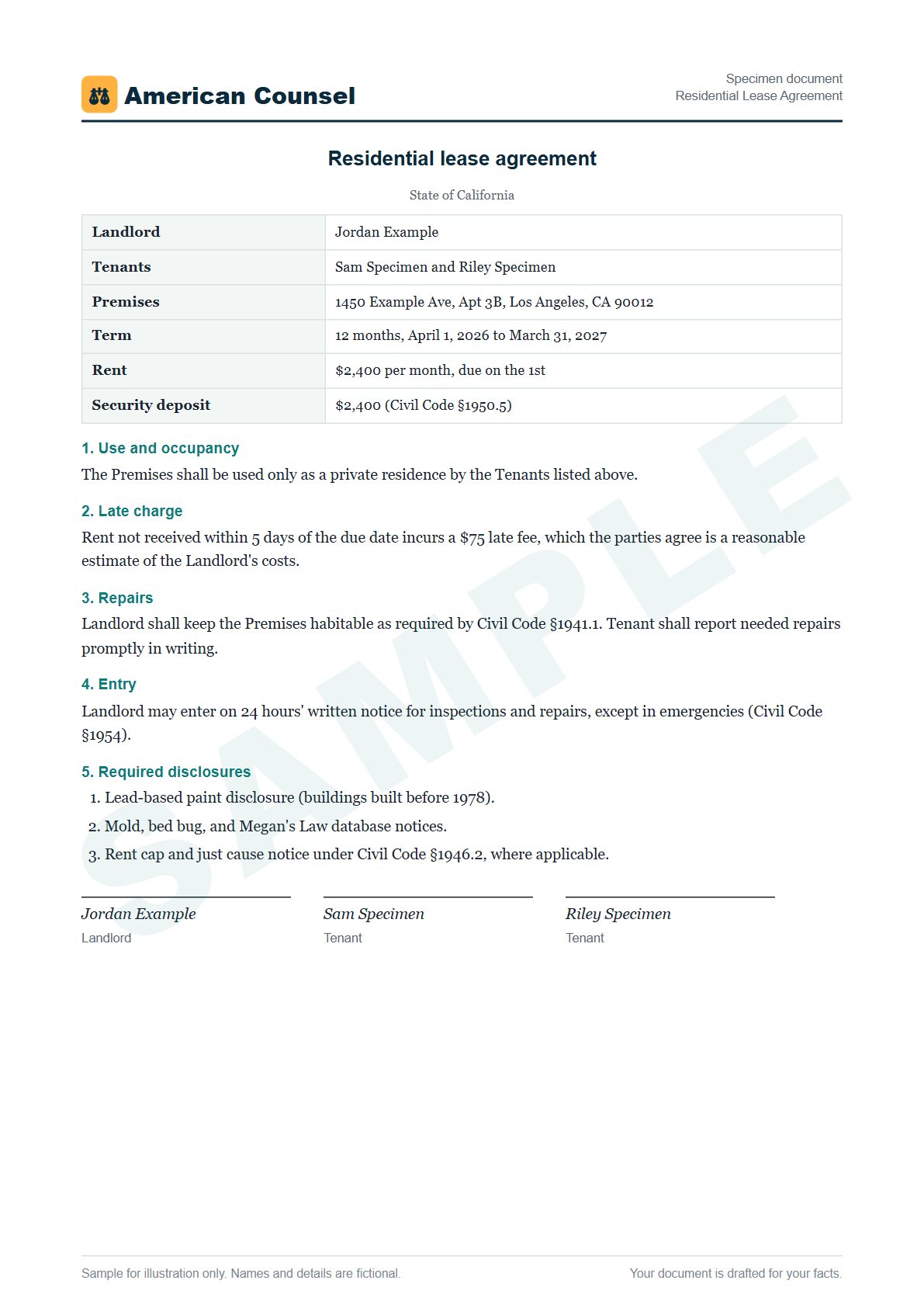 Sample Residential Lease Agreement prepared by our lawyers, with fictional names