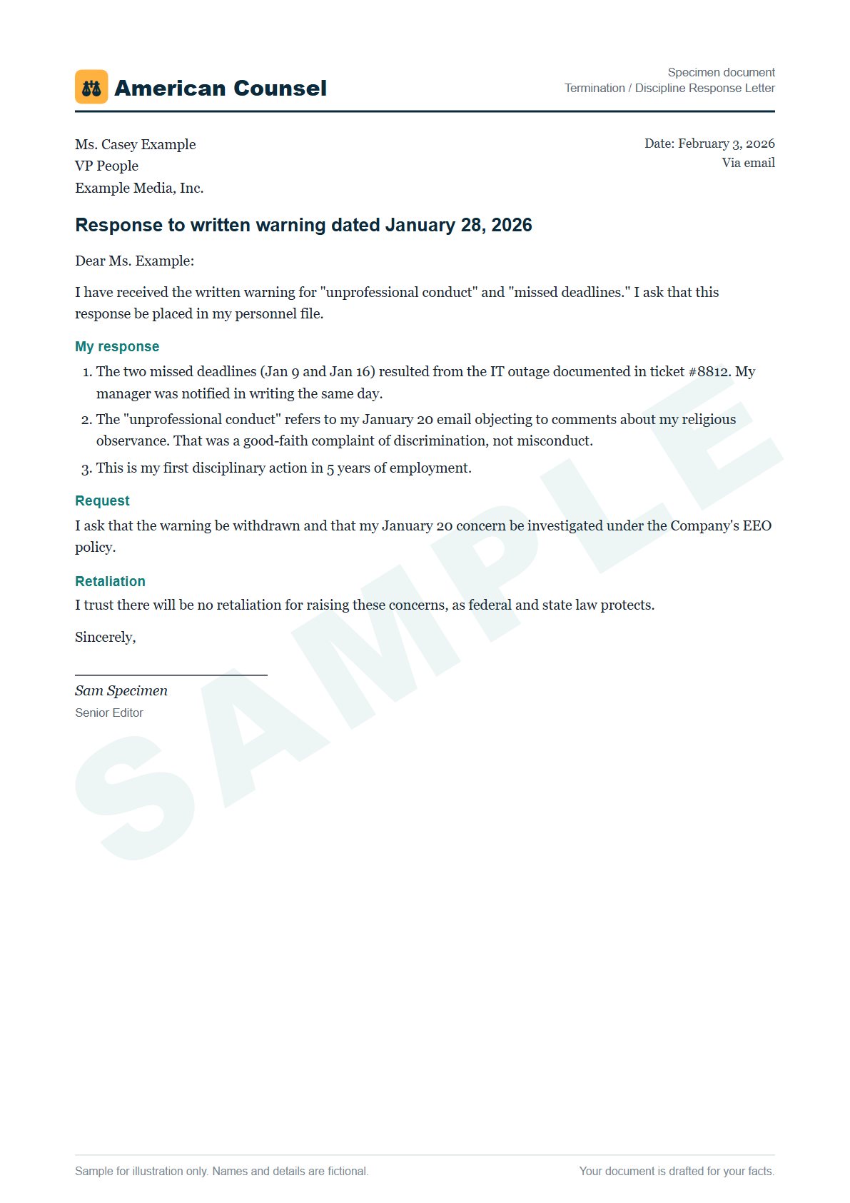 Sample Termination / Discipline Response Letter prepared by our lawyers, with fictional names