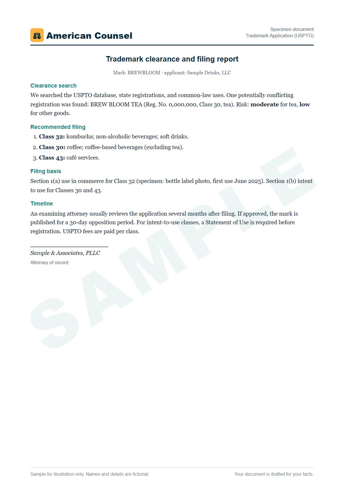 Sample Trademark Application (USPTO) prepared by our lawyers, with fictional names