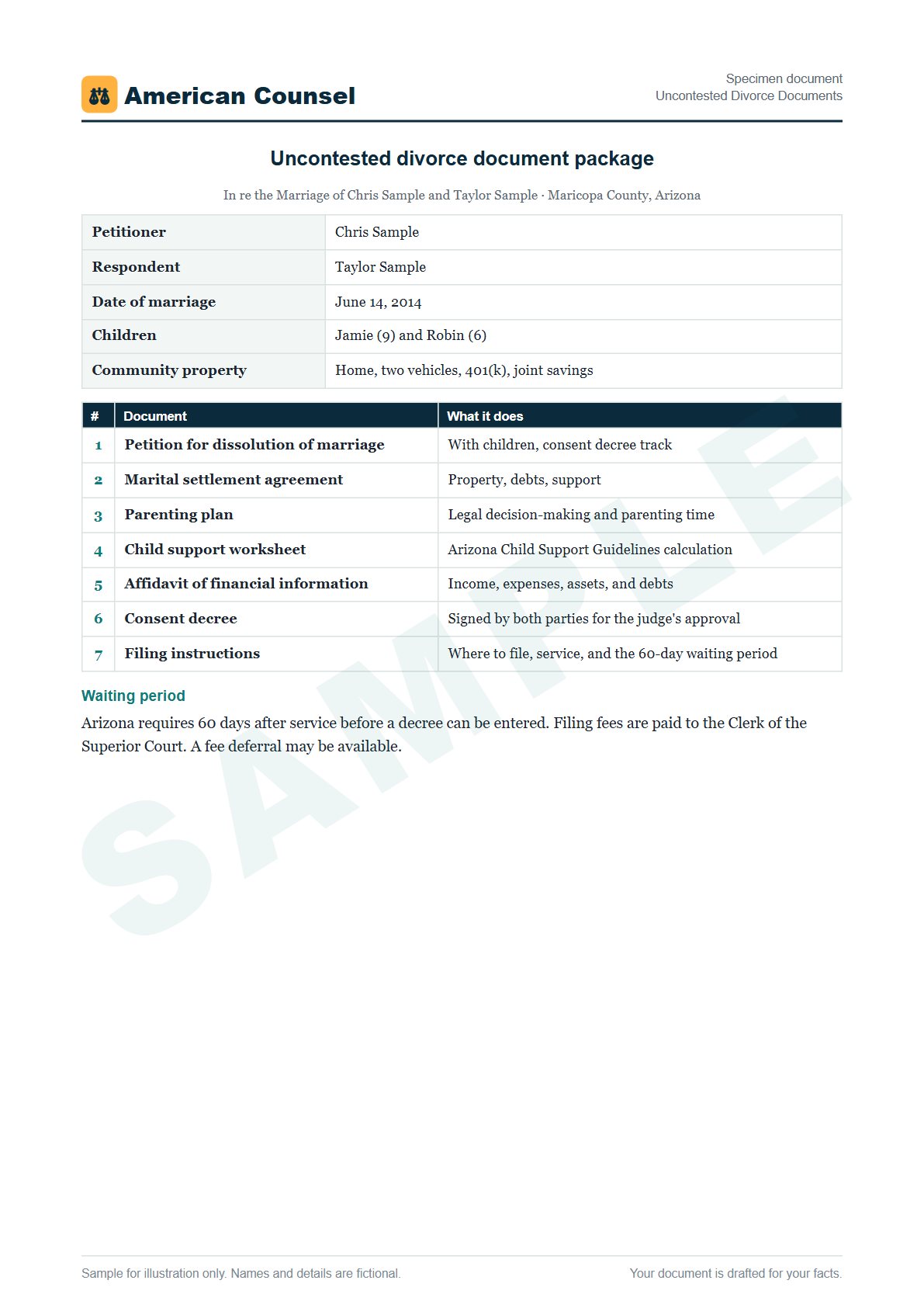 Sample Uncontested Divorce Documents prepared by our lawyers, with fictional names